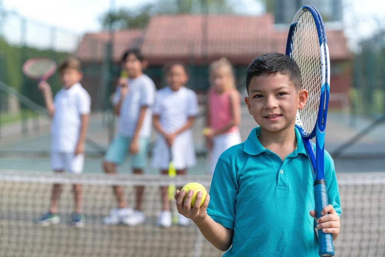 A young player in a teal shirt holds a tennis ball and racket at the net, with other children practising behind him