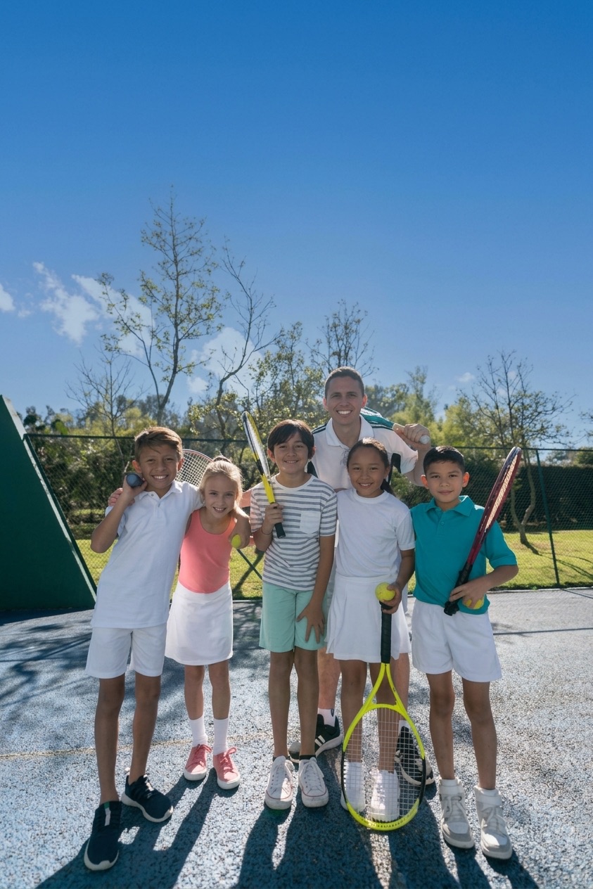 A coach stands with five young players holding rackets on an outdoor court