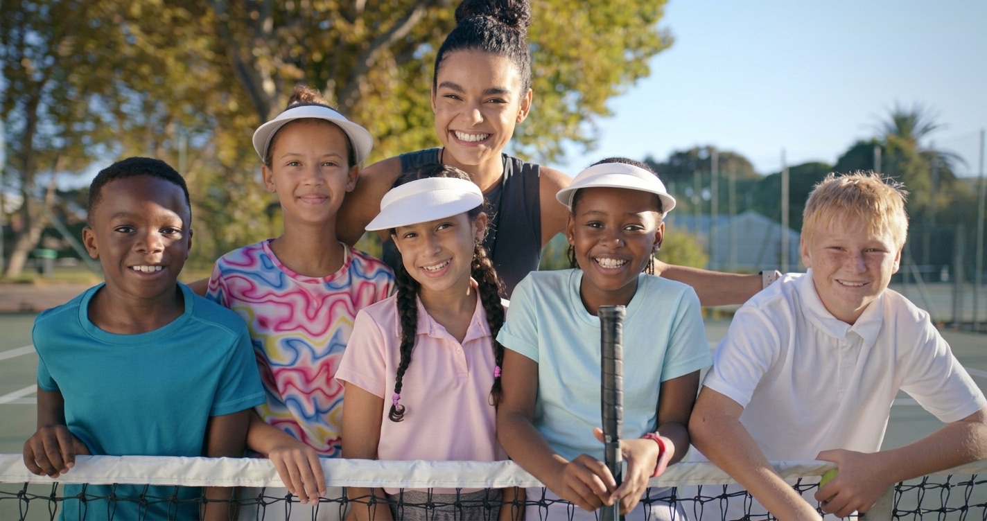 A coach and five smiling young players leaning on the net of an outdoor court
