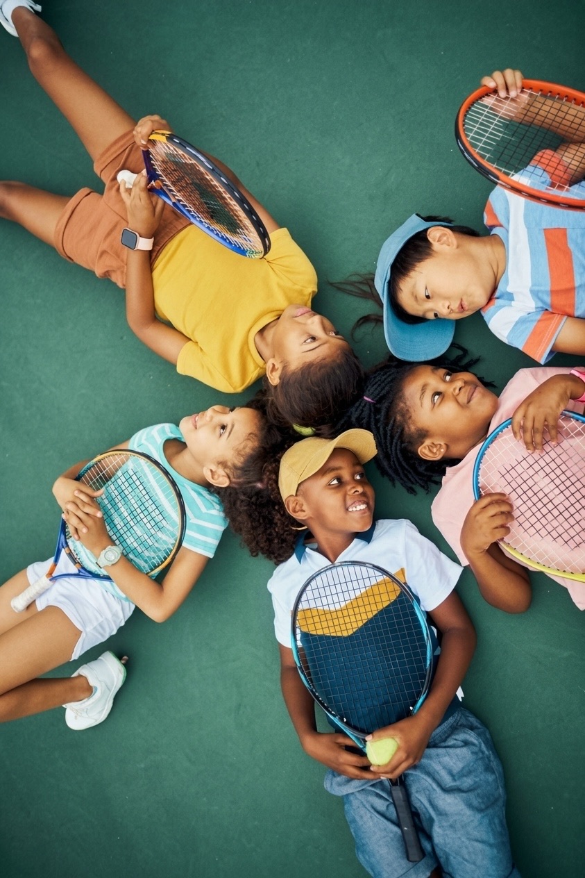 Five young players lying in a circle on a tennis court, heads together, holding their rackets